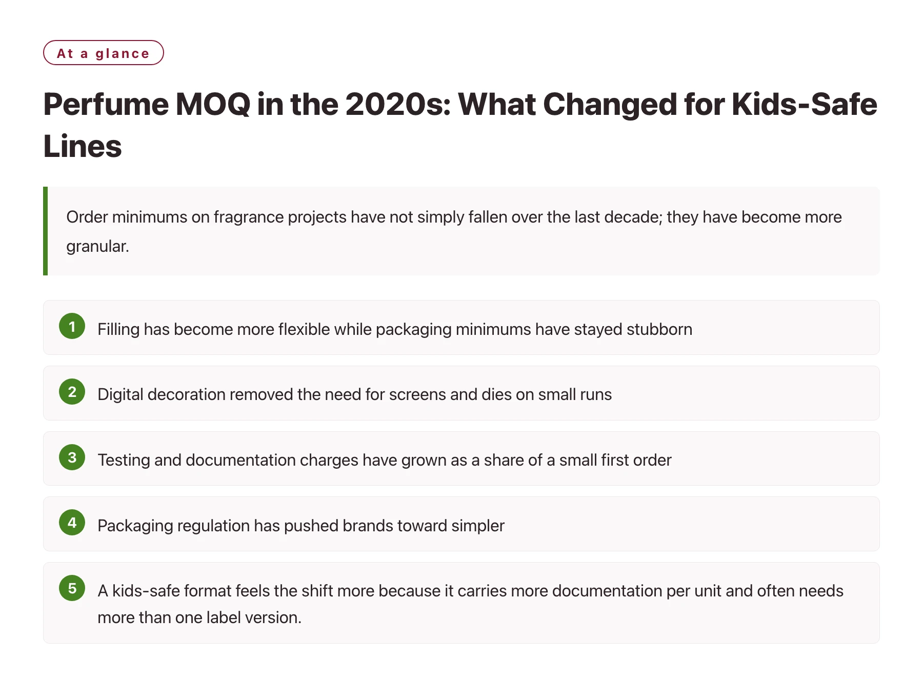 Perfume MOQ in the 2020s: What Changed for Kids-Safe Lines——全文要点速览